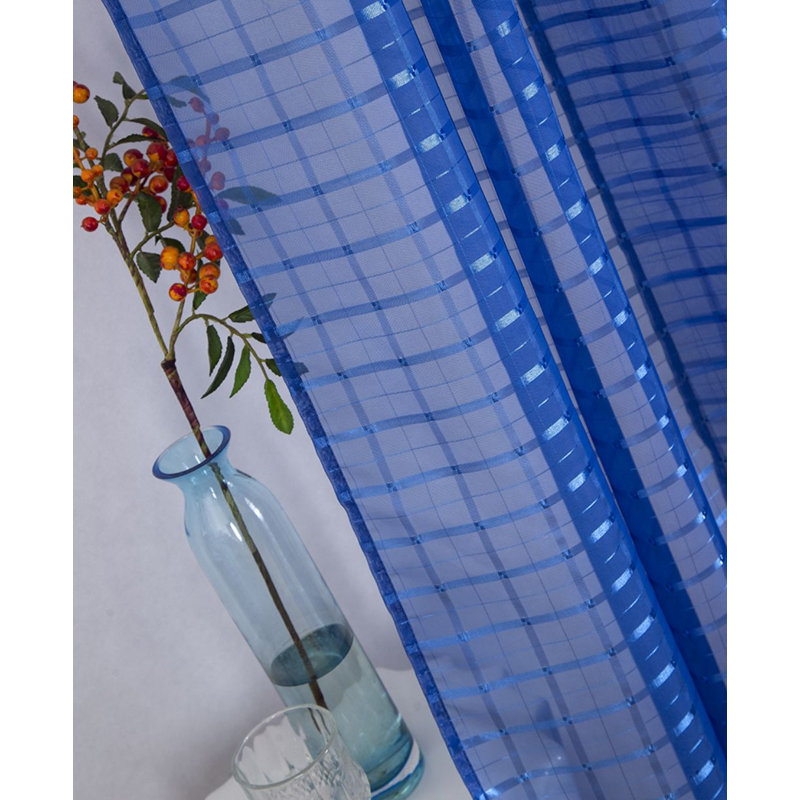 Jardine Plaid Stripe Sheer Window Curtain Panel, Neon Blue