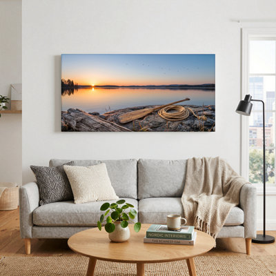 Ensemble de 1 tableau sur toile représentant un coucher de soleil sur un lac