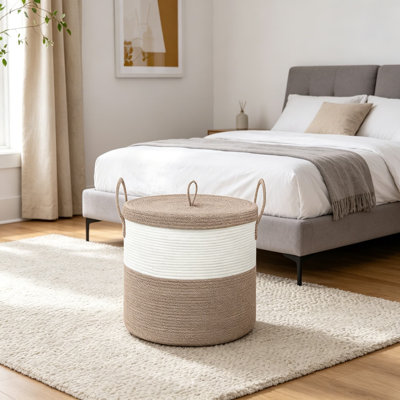 Large Cotton Rope Storage Basket with Lid, Woven Bin for Blankets, Toys, Towels, Pillows, Living Room, Bedroom Organizer, Wicker Basket with Cover