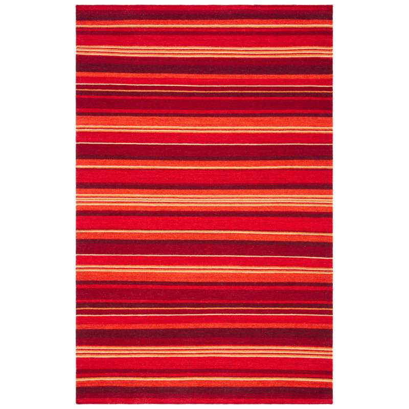 Tapis rayé rouge en laine et coton tissé à la main Kalaiya, Rectangle 3 pi x 5 pi
