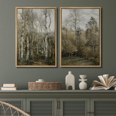 " Winter's Silence Birch Trees And Serene Nature Landscape Nature Wilderness Illustrations Decor " 2 - Pieces