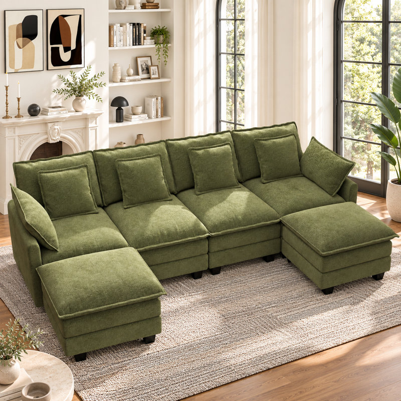 Canapé modulaire en U en chenille 6 pièces avec deux repose-pieds George, Vert