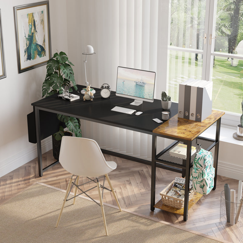 Bureau d'écriture d'ordinateur avec tablettes de rangement Myra, Noir/brun