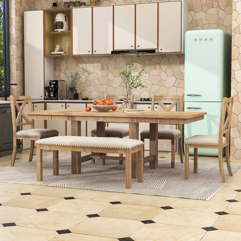 Ensemble de salle à manger de style champêtre comprenant une table extensible 6 pièces avec 2 rallonges amovibles, 4 chaises rembourrées et un banc.