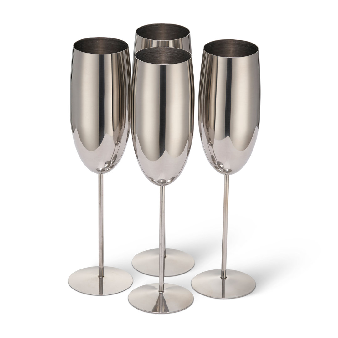 4 Gold Champagne Flutes, Stainless Steel Shatterproof Party Glasses Gift Set - 285Ml