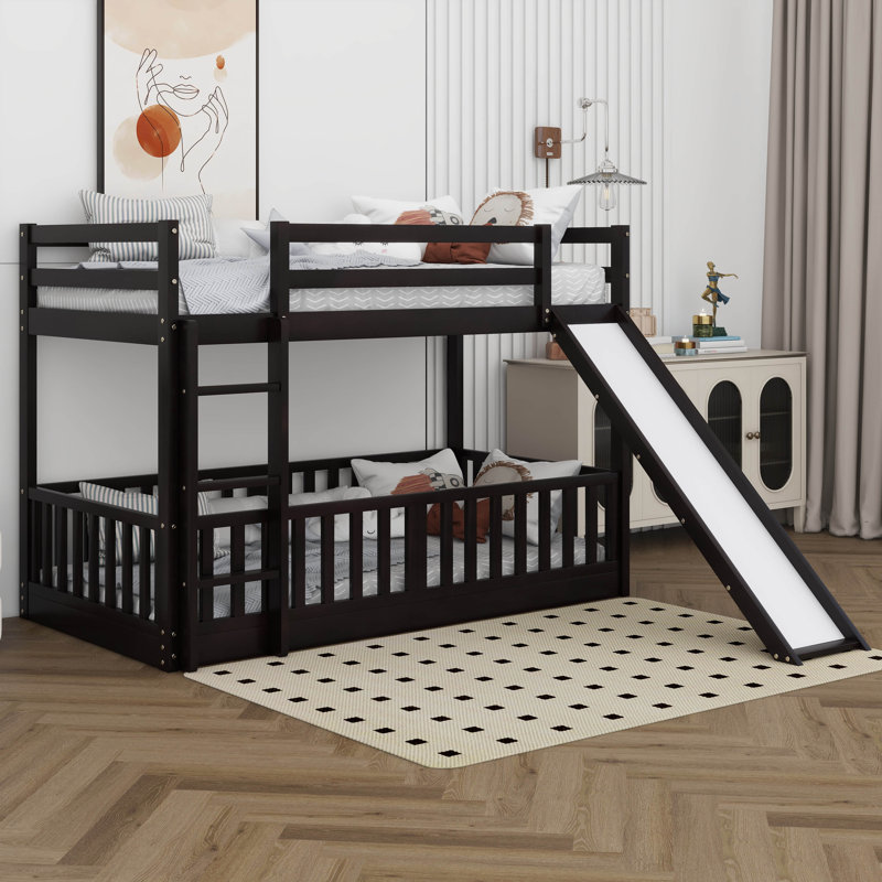 Twin Over Twin Low Bunk Bed With Ladder And Slide, Solid Wood Bunk Bed Can Be Converted Into Loft Bed, Espresso