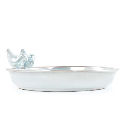 Bain d'oiseaux en céramique fait à la main, bol de bain d'oiseaux d'extérieur bleu clair 11,8 pouces avec ornements rétro, bain d'oiseaux de jardin pour la cour, patio, décor de jardin, fonctionne également comme abreuvoir d'oiseaux sauvages