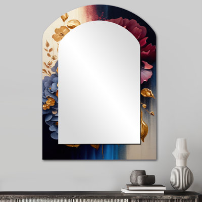 Bourgogne et bleu Floral Bunch II - miroir mural arqué floral, miroir décoratif asymétrique rouge, impression d'art en métal
