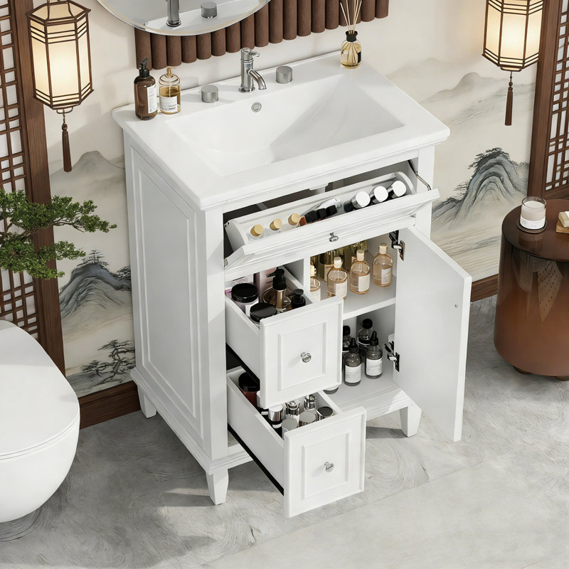 Meuble-lavabo de salle de bain avec lavabo, un tiroir rabattable et deux tiroirs, Blanc