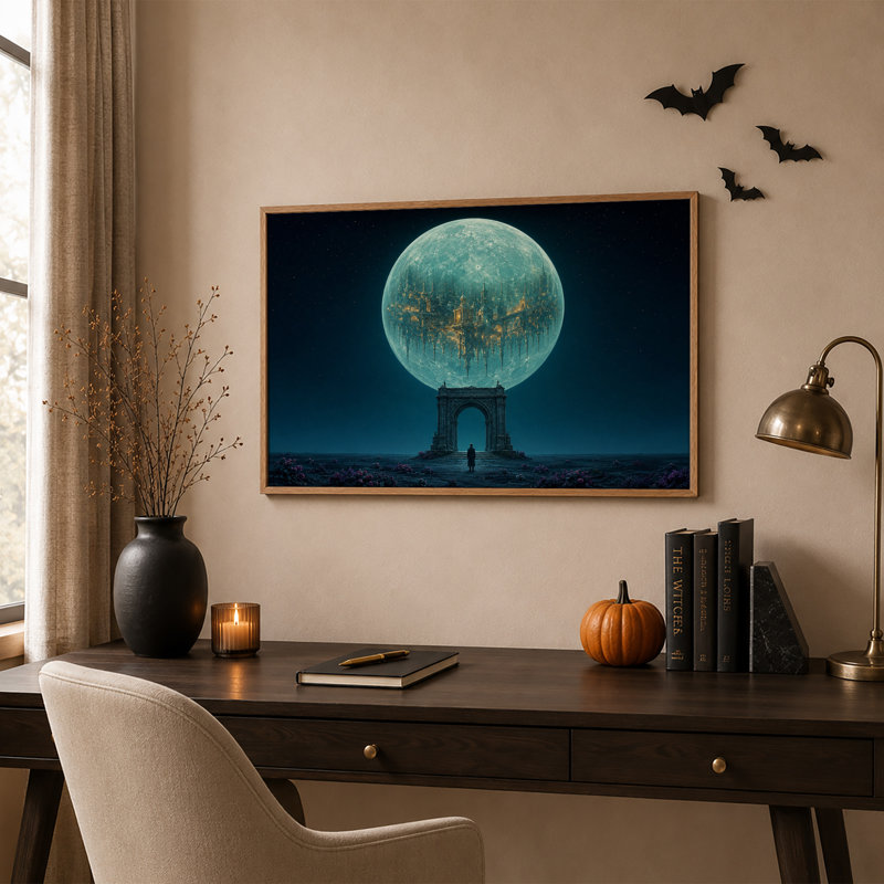 Toile murale d'Halloween avec lune bleue lumineuse et cité fantastique sur pierre, H 32 po x l 48 po