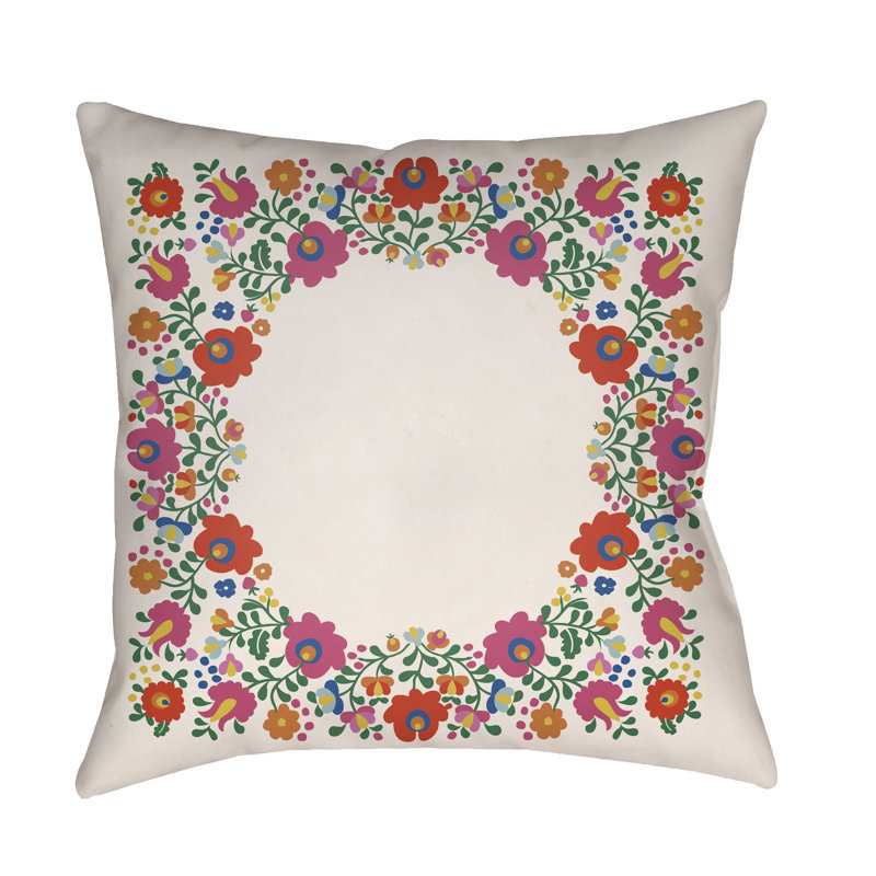 Indoor/Outdoor Floral Throw Pillow, White, 16" H x 16" W x 3" D