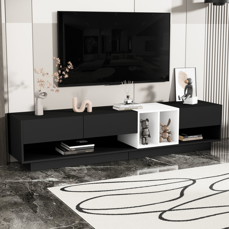Modern Black Tv Console With Spacious Drawer Capacity: For 80" Tvs Sleek Cabinet Hidden Storage Spaces: Tvs,