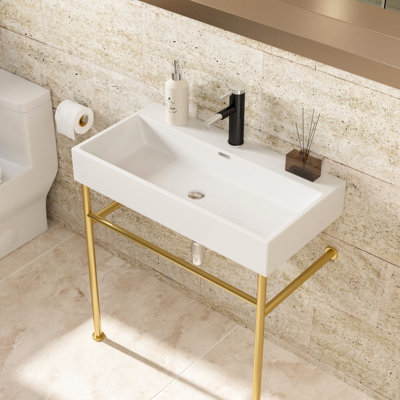 Lavabo de salle de bain en céramique 30 "avec trop-plein, cuve blanche et console encombrante à pieds dorés, matériel tentant - Installation incluse