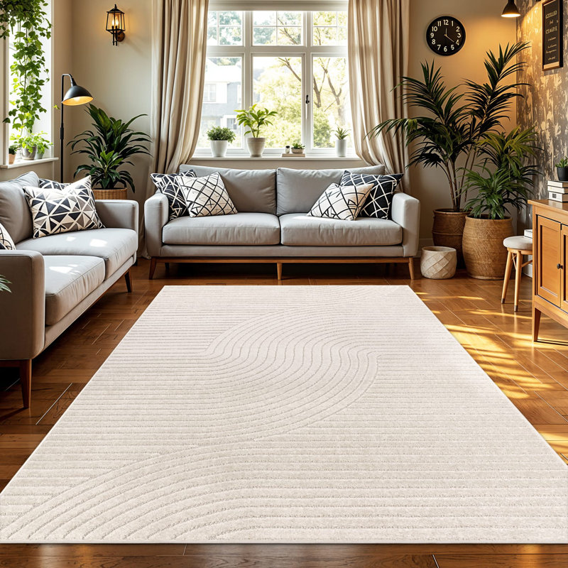 Tapis moderne avec motif de lignes minimalistes crème, Rectangle 5 pi 3 po x 7 pi 7 po