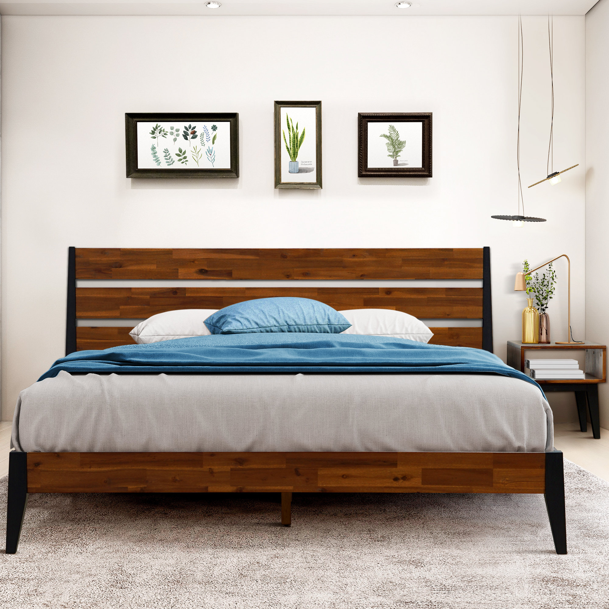 Acacia Emery Solid Wood Bed Frame & Nightstand - King - Walnut, Brown