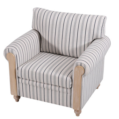 1 siège à rayures bleues et blanches, style accoudoirs roulés, mousse PP, siège à ressorts, coussin amovible, structure en contreplaqué en bois massif, pieds en bouleau, 37,4 po de largeur, charge de 220 lb, coton 31,62 po