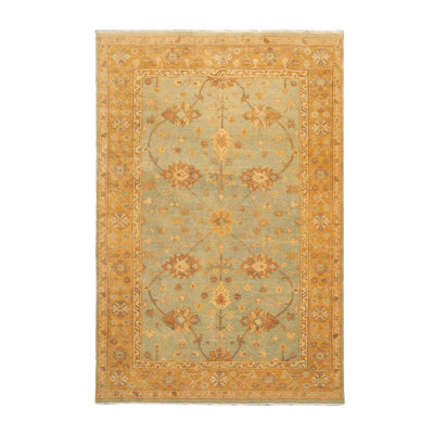 Tapis unique en laine noué à la main 6 pi x 9 pi menthe / caramel / or