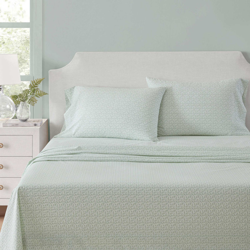 Martha Stewart Leaves Cotton Percale Green Sheet Set, Full Sheet Set with 2 Pillowcases, Green Leaves