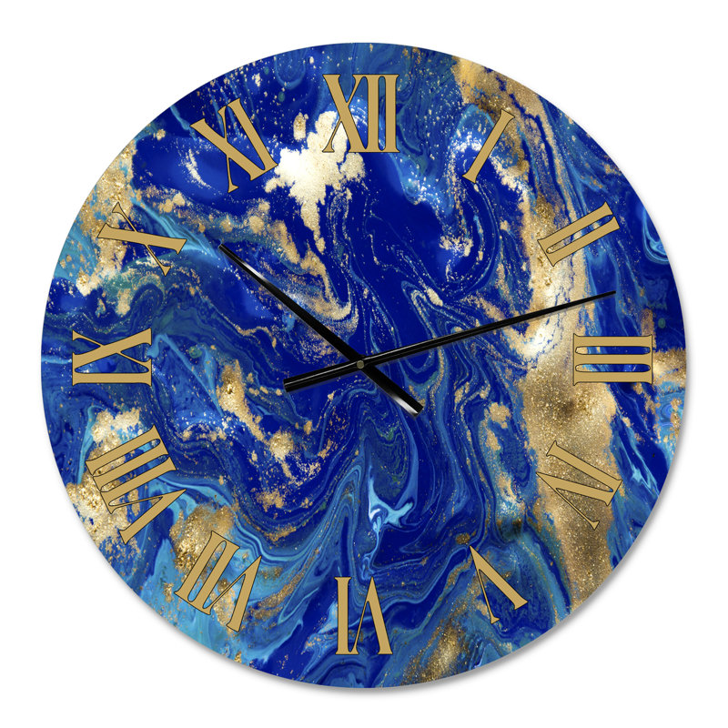 Or et bleu marbré texture ondulée II - horloge murale moderne, Petit