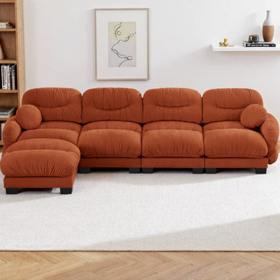 Pleated Chenille Fabric L-Shaped Modular Sectional Sofa with Ottoman, 4-Seater Couch with High-Density Ergonomic Foam, Curved Round Armrests and 2 Round Throw Pillows