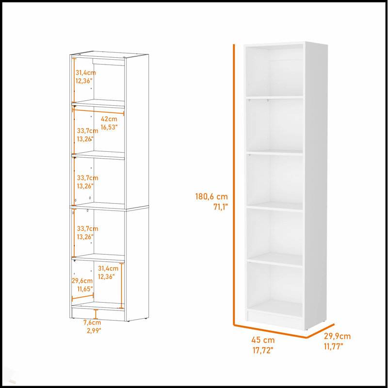 Zachary  5-Shelf Slim Bookcase, Space-Efficient Design For Modern Living And Organized Storage., White