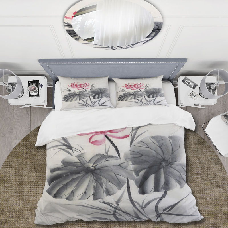 Fleur de lotus avec deux feuilles monochromes - ensemble de housse de couette traditionnel - microfibre de polyester
