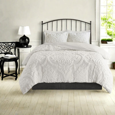 Elegant Tufted Cotton Chenille Damask Bedding Set, Off-white, Full/queen For Comfortable Cottage Style