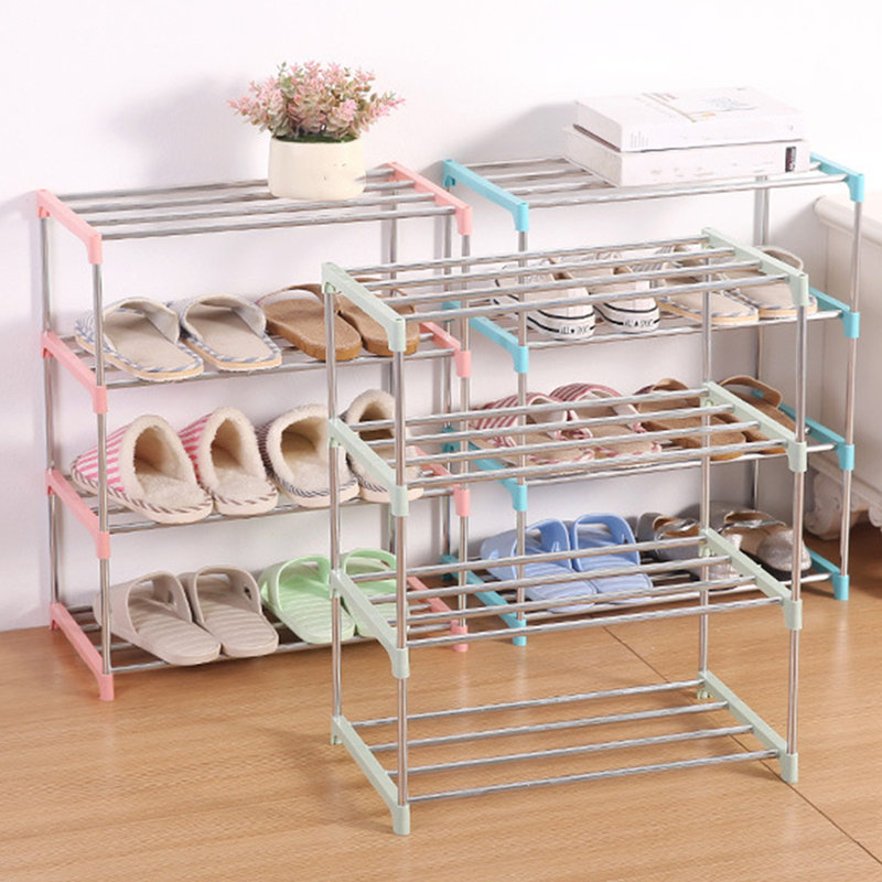 4-layer Stackable Small Shoe Rack Suitable For Shoe Rack Storage Boxes At Entrances Corridors And Closets, Pink Blue Green