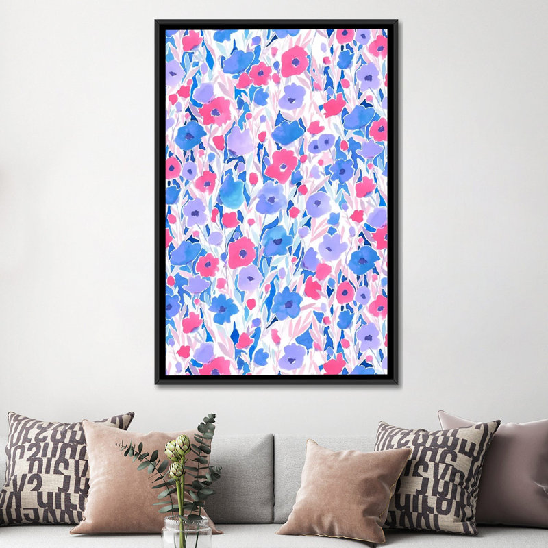 «Flower Field Lilac Blue», reproduction d'art sur toile tendue, H 60 po x l 40po x P 1,5 po, Toile avec cadre noir
