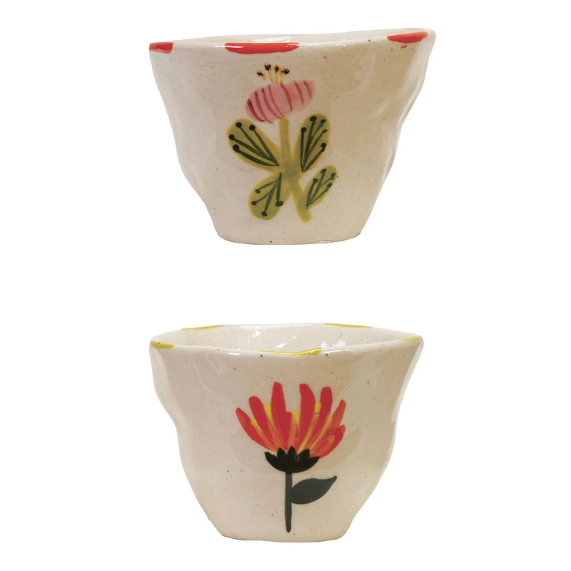 Ensemble de 8 tasses en forme de fleur en grès peintes à la main avec image florale