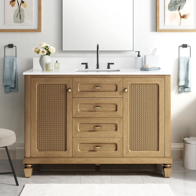 48" Free Standing Single Bathroom Vanity with Engineered Marble Top, Ceramic Sink, Backsplash, 48", Light Oak