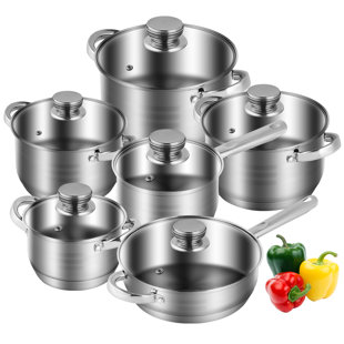 Wolfgang Puck 6-Piece Stainless Steel Pots and Pan Set, Scratch-Resistant Non-Stick Cookware, Clear Tempered Glass - Silver