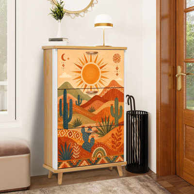 Meuble à chaussures à 3 tiroirs rabattables, motif désertique, cactus soleil et montagnes colorées. Étagère à chaussures étroite et discrète, idéale pour une entrée, un corridor, un hall d'entrée, un dressing ou un petit appartement.