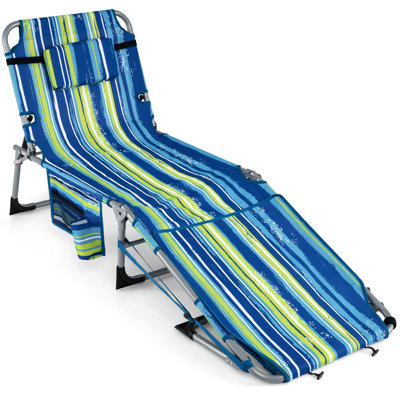 Folding Chaise Lounge Chair Sunbathing Recliner w/ Face Hole & Removable Pillow Navy Blue