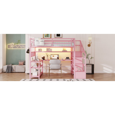 Lit mezzanine double avec escalier et garde-robe, lit mezzanine en métal avec bureau, tablettes de rangement, lumières DEL et station de charge, rose (date d’arrivée prévue: 2026/5/9 ancienne SKUW2593S00058)