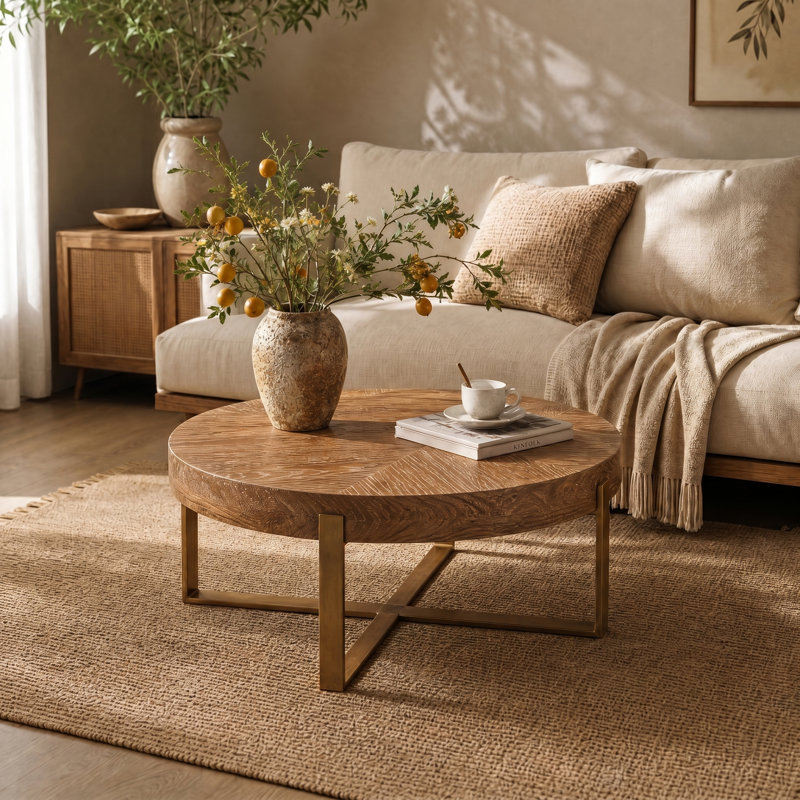 Table basse Johnoliver, 17.59" H x 32.28" W x 32.28" D, Bois naturel, Gold