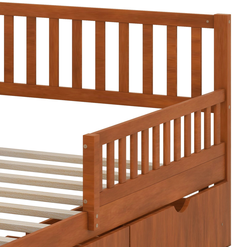 Lit plateforme en bois avec garde-corps des deux côtés et deux tiroirs de rangement, Simple