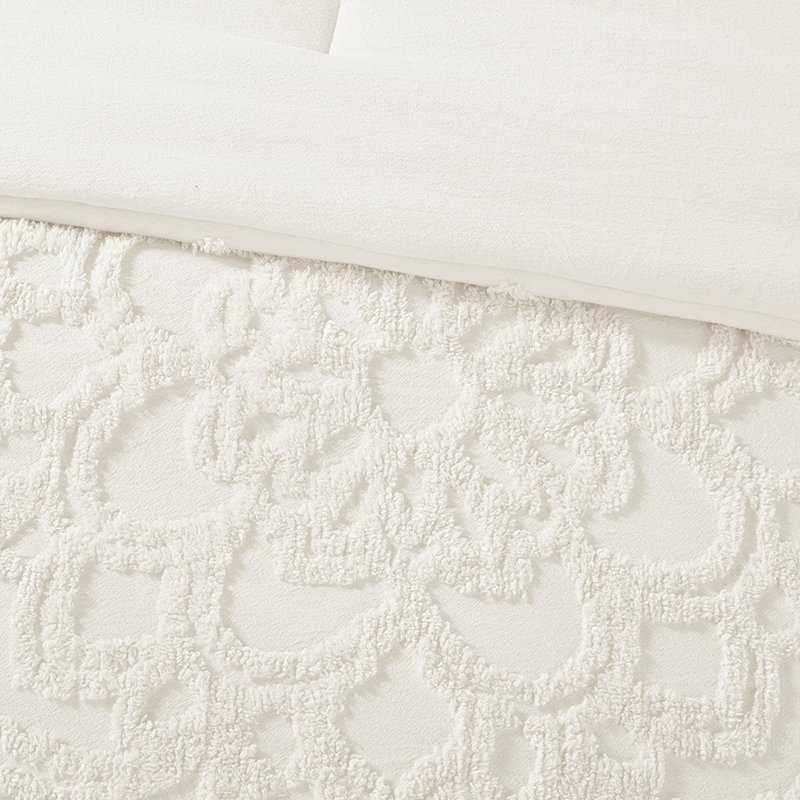 3 édredon en coton - chenille double, Blanc cassé, Queen Comforter + 2 Shams