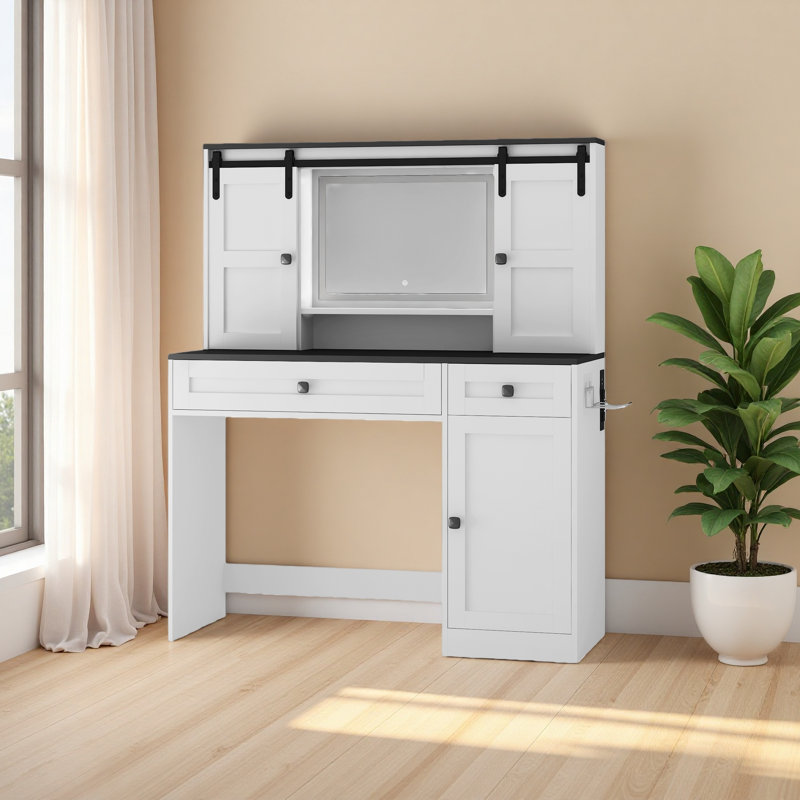 Farmhouse Dressing Table Makeup Table, 43" Wide Dressing Table With Lighted Mirror And Makeup Drawer, Large Modern Dressing Table Set With Hair Dryer Holder For Bedroom