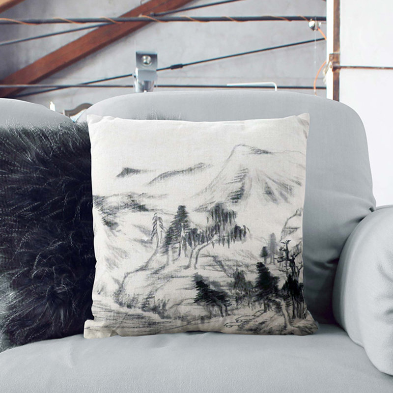 Mountain and Trees by Bada Shanren Cushion with Filling, 40cm H x 40cm W x 15cm D, Black