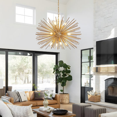 29" Mid-Century Modern 12-Light Starburst Chandelier – Gold Sputnik Pendant Light Fixture For Living Room, Dining Room, Or Foyer (Bulb Not Included)