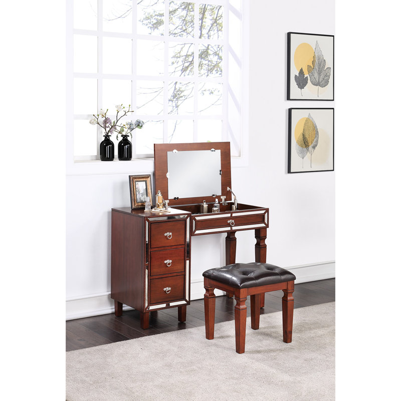 Meuble-lavabo de chambre à coucher avec tabouret Cherry, Cerisier, Noir