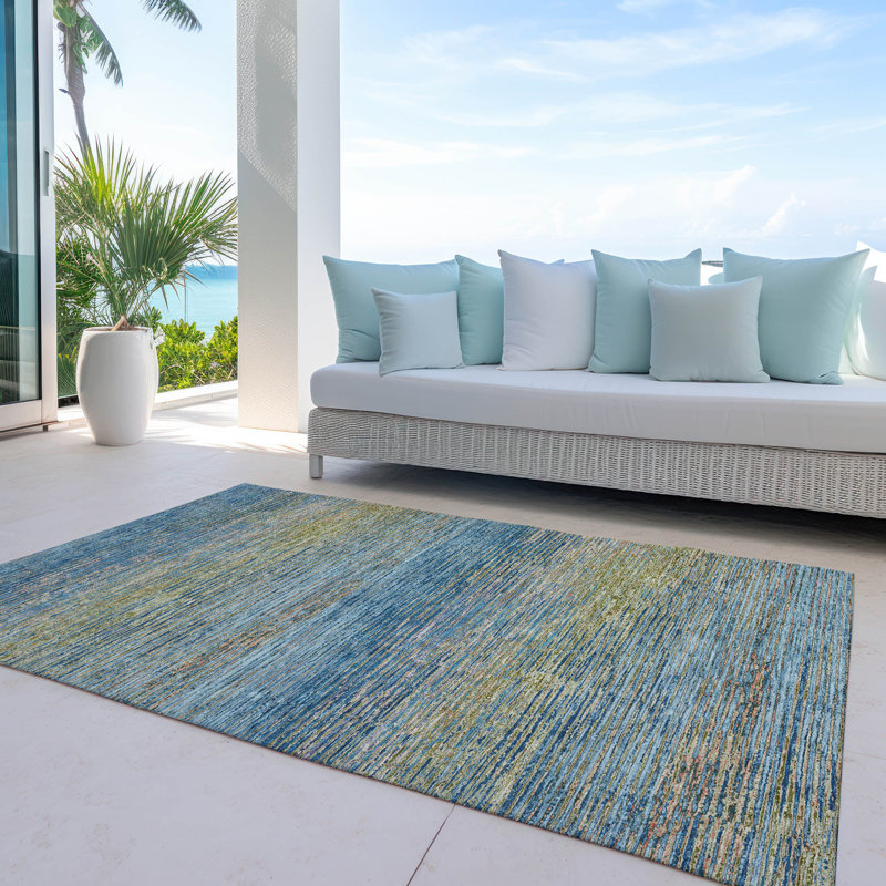 Denim Blue Synthetic Flat Woven Washable Striped Rug 46" x 30"