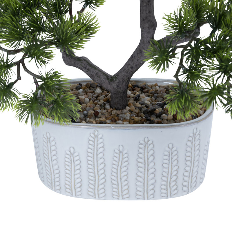 2-pack 14” Faux Bonsai Trees With Real Touch Leaves, In A Modern Geometric Ceramic Vase