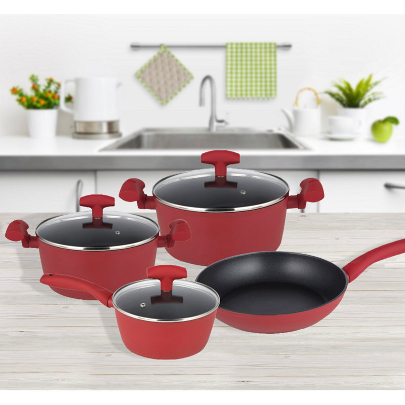Cooking pots and pans set 7 pcs. Grey Pots Frying Pan Saucepan Dishwasher Safe, Red