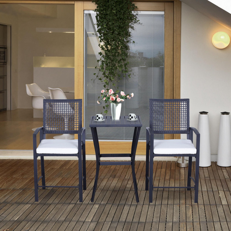 3pcs Patio Bar Set with Soft Cushion, Rattan Wicker Outdoor Furniture Set for Backyards, Lawn, Deck, Poolside