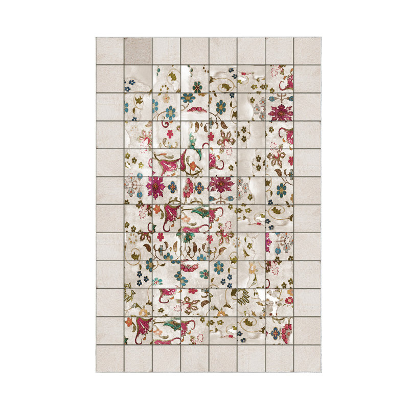 Tapis en polyamide tissé à la machine Convergence en crème / rose / vert, Tapis de couloir 2 pi 7 po x 9 pi 10 po