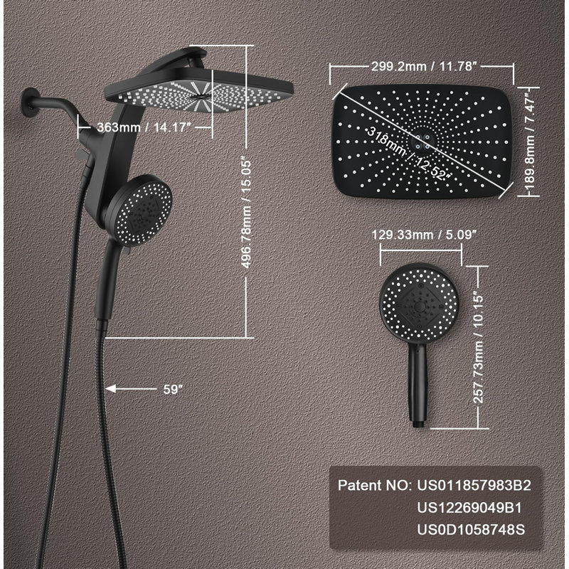 Rain Shower Head, High Pressure, 10 Sprays Handheld Shower Head, Shower Heads With Handheld Spray Combo , Black