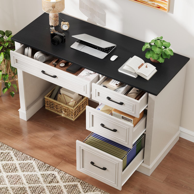 Bureau de direction de style ferme de 47 po avec tiroir à dossiers suspendus, White/Black