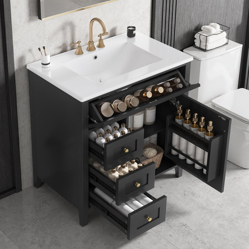 Meuble-lavabo moderne avec lavabo, 3 tiroirs et tablette réglable, Black/Gold